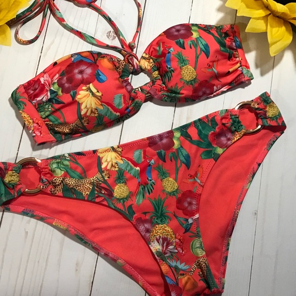 Hot Coral Pink Tropical Print 2 pc Bathing Suit 8 - Picture 7 of 14